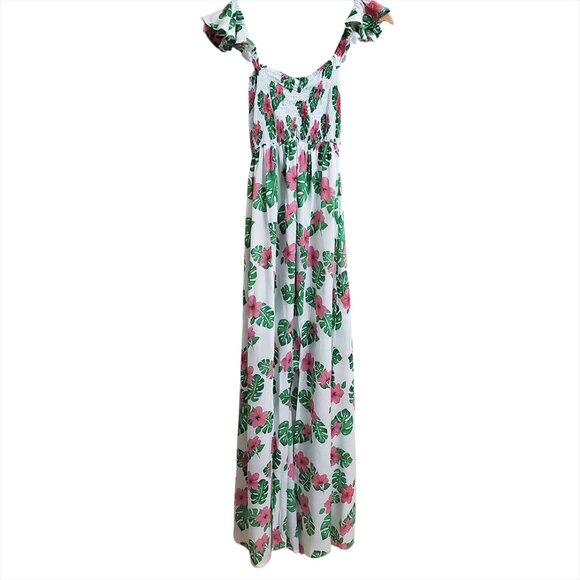 Tiare Hawaii Hollie Maxi Dress OS Tahitian Hibiscus Smocked Slits Vacation Beach - Picture 6 of 15